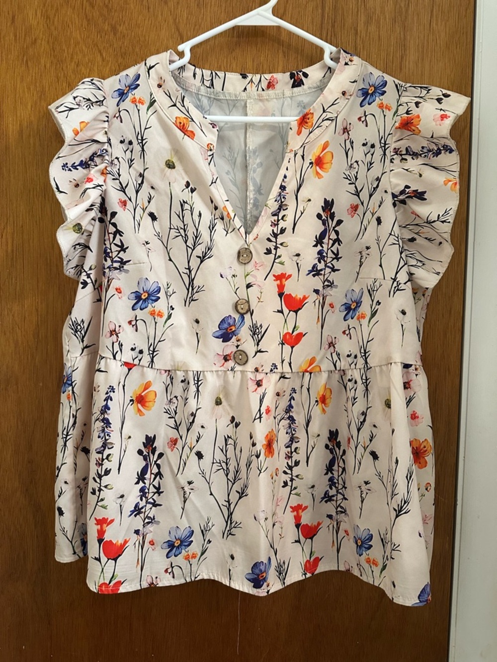 SHEIN Cream Floral Button-Front Ruffle Sleeve Blouse